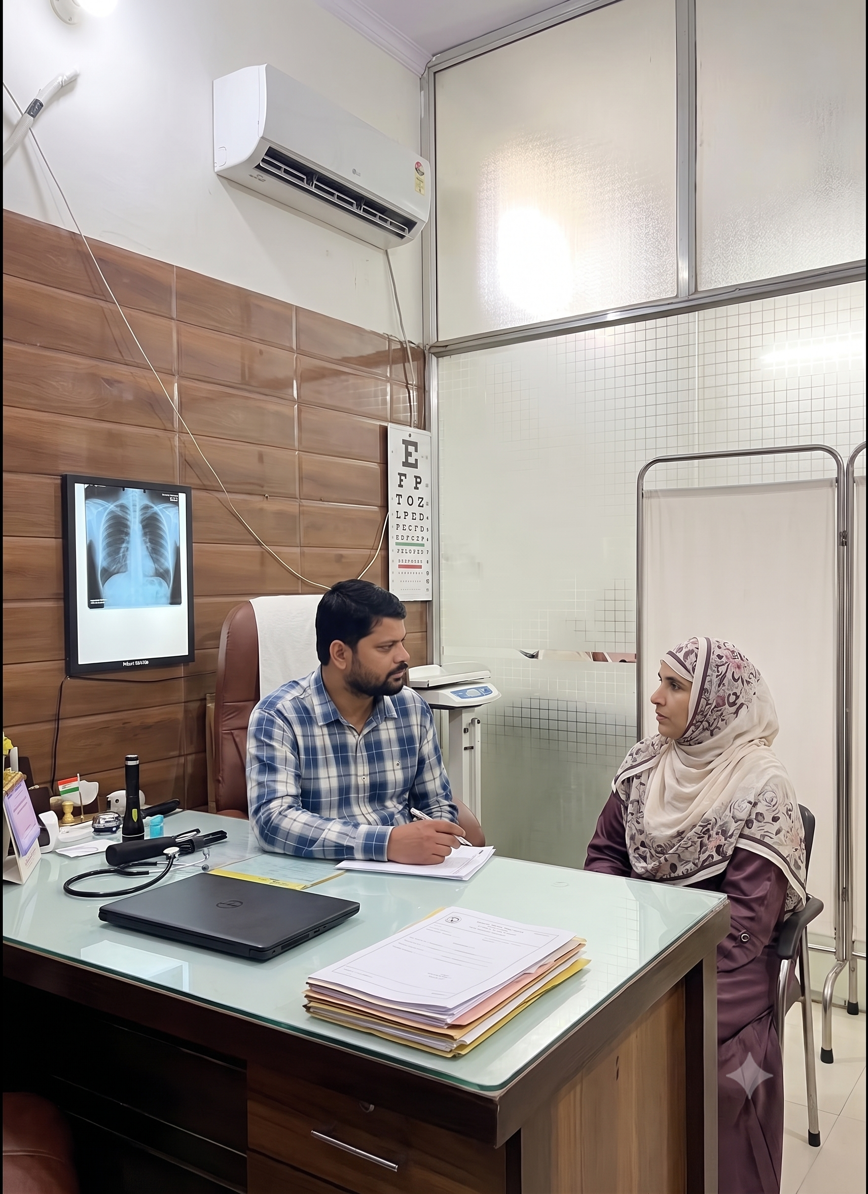 Doctor consultation desk and examination room at MH Medical Centre Maujpur